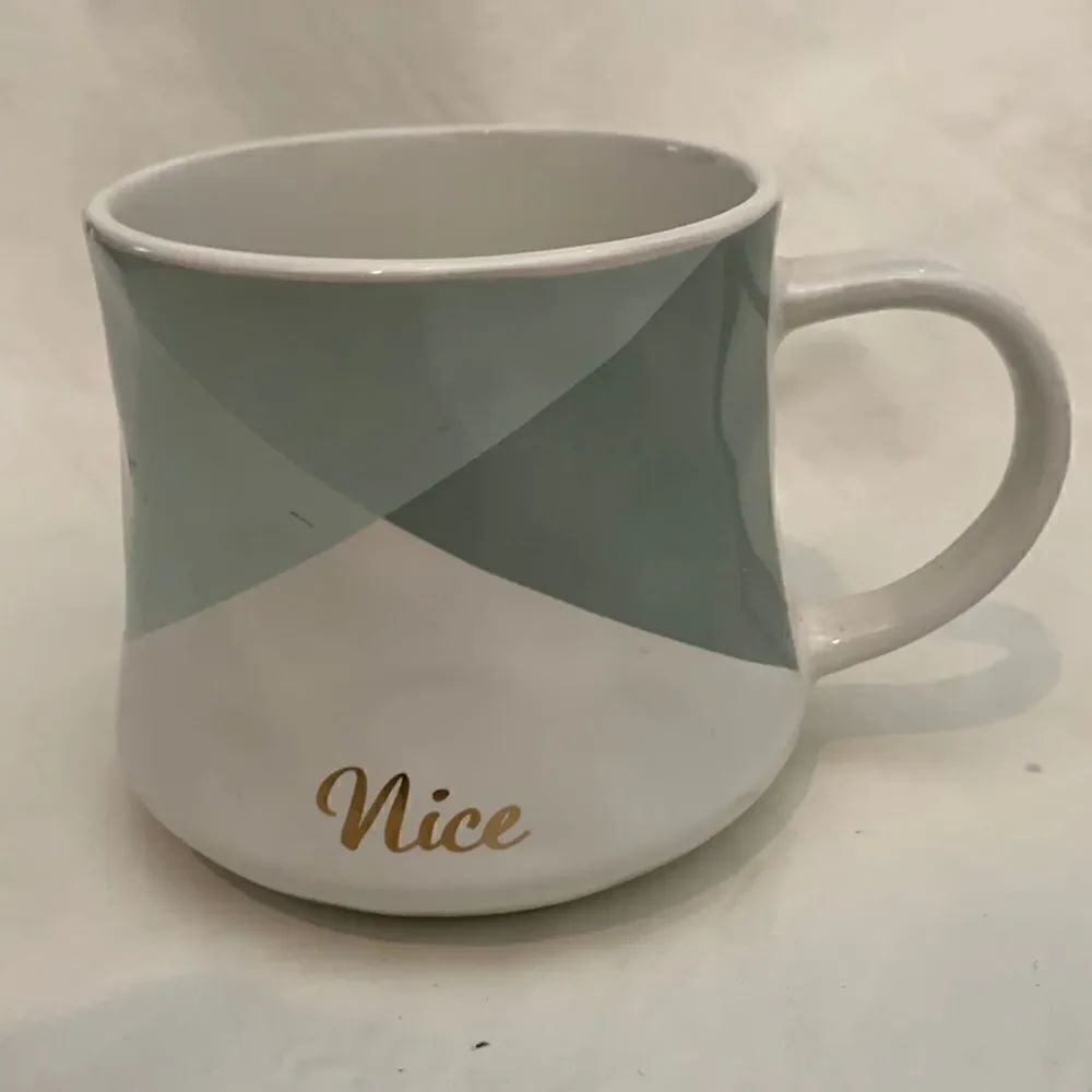 NICE Coffee Tea Cocoa White Green Porcelain Mug Gold Lettering 14 Ounces Used